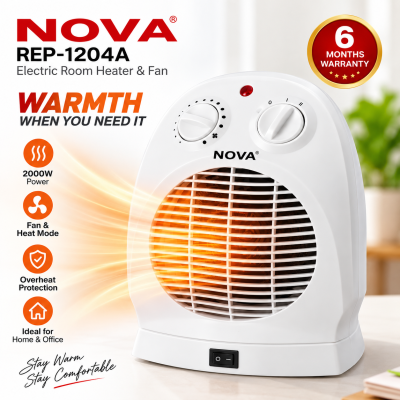Nova REP-1204A Electric Room Heater & Fan – 1000W/2000W 2-in-1 Portable Hot, Warm & Cool Wind Blower with Adjustable Thermostat & Overheat Protection